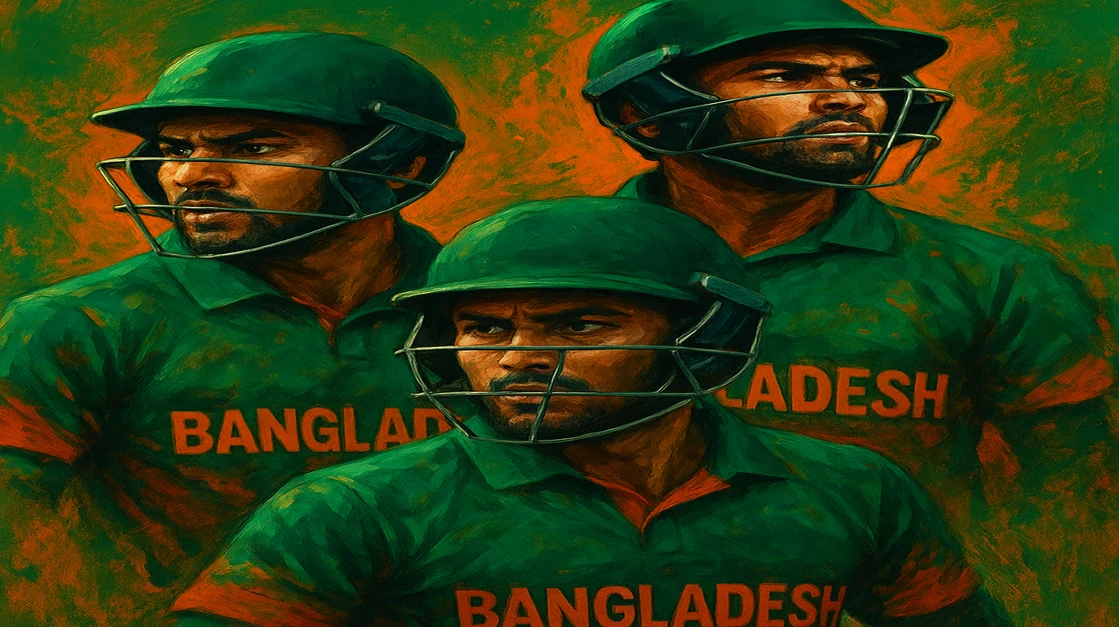 বাংলাদেশ ক্রিকেট দল মাঠে ক্রিয়া-কলাপে রয়েছে, স্ক্রীনে EG33-এর গেমিং তথ্য ও লাইভ ম্যাচ পরিসংখ্যান প্রদর্শিত হচ্ছে।