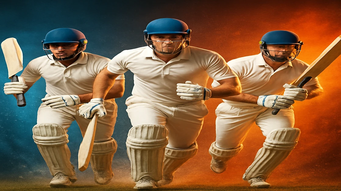 EG33 জার্সি পরা একজন আত্মবিশ্বাসী Cricket খেলোয়াড় জয় উদযাপন করছেন, তার চারপাশে ক্রিকেট সরঞ্জাম এবং স্ক্রীনে EG33-এর লাইভ তথ্যসহ গেমিং বিকল্প প্রদর্শিত হচ্ছে।