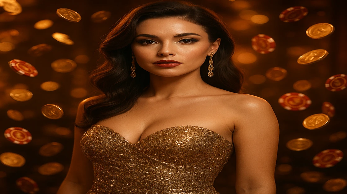EG33 গেমিং প্ল্যাটফর্মে এক জাঁকজমকপূর্ণ নারী ঝলমলে সোনালি পোশাকে বিলাসবহুল জয়ের অভিজ্ঞতা ধারণ করছেন, চারপাশে ঝলমলে সোনা কয়েন ও চিপসের বর্ষণ ছড়িয়ে পড়েছে।