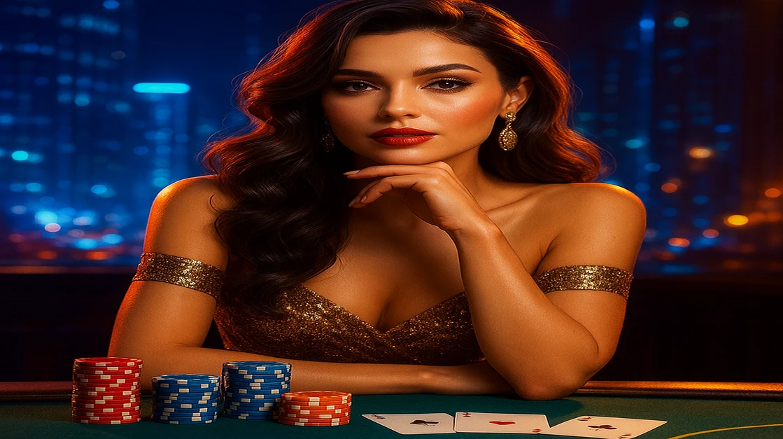 EG33 লাইভ গেমিং-এ একটি সুন্দর ডিলার আপনাকে 100% স্বাগত বোনাসসহ খেলার আমন্ত্রণ জানাচ্ছেন, চারপাশে চিপ ও ভাসমান সোনালি কয়েন ঘিরে রয়েছে।