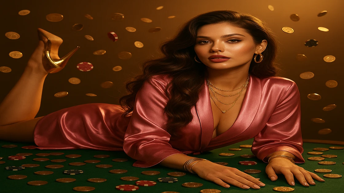 একটি গ্ল্যামারপূর্ণ গেমিং প্ল্যাটফর্ম দৃশ্য যেখানে সুন্দর নারীরা এবং স্বর্ণালী পুরস্কার দেখা যায়—EG33 লাইভ গেমিং-এ বিলাসিতা ও উত্তেজনা প্রদর্শিত হচ্ছে।