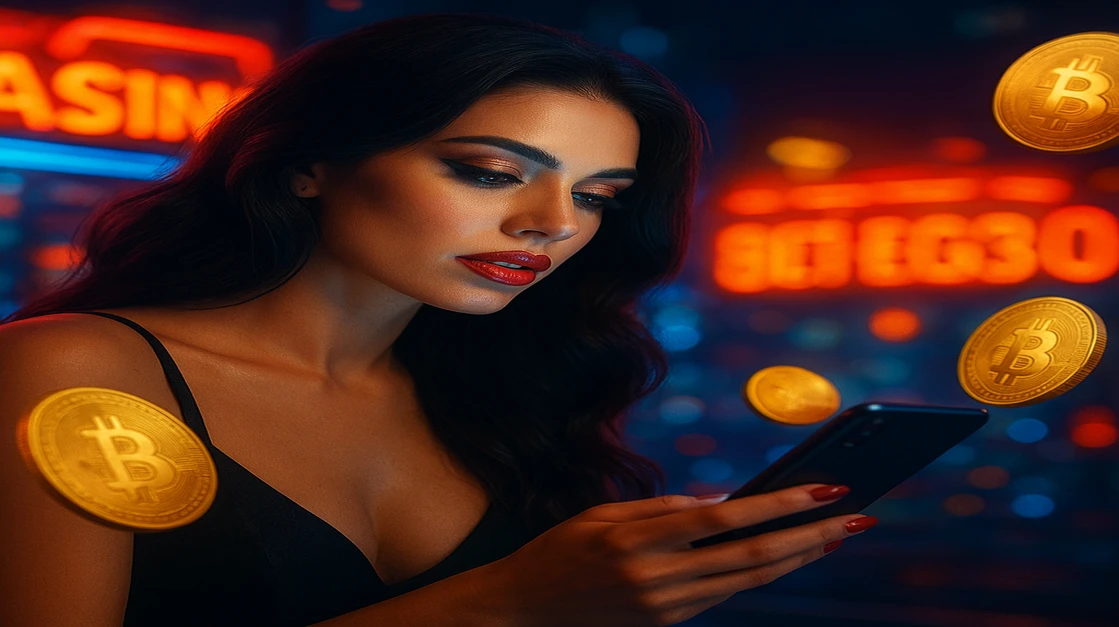একজন নারী EG33 ক্রিপ্টো গেমিং প্ল্যাটফর্মে লগইন করতে একটি স্মার্টফোন ধরে আছেন, তার চারপাশে জ্বলজ্বল করা বিটকয়েন কয়েন ও একটি ভবিষ্যৎ-গেমিং প্ল্যাটফর্ম পরিবেশ ছড়িয়ে রয়েছে।